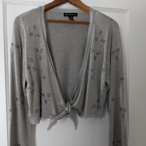 INC cropped angora blend grey cropped tie front sweater.